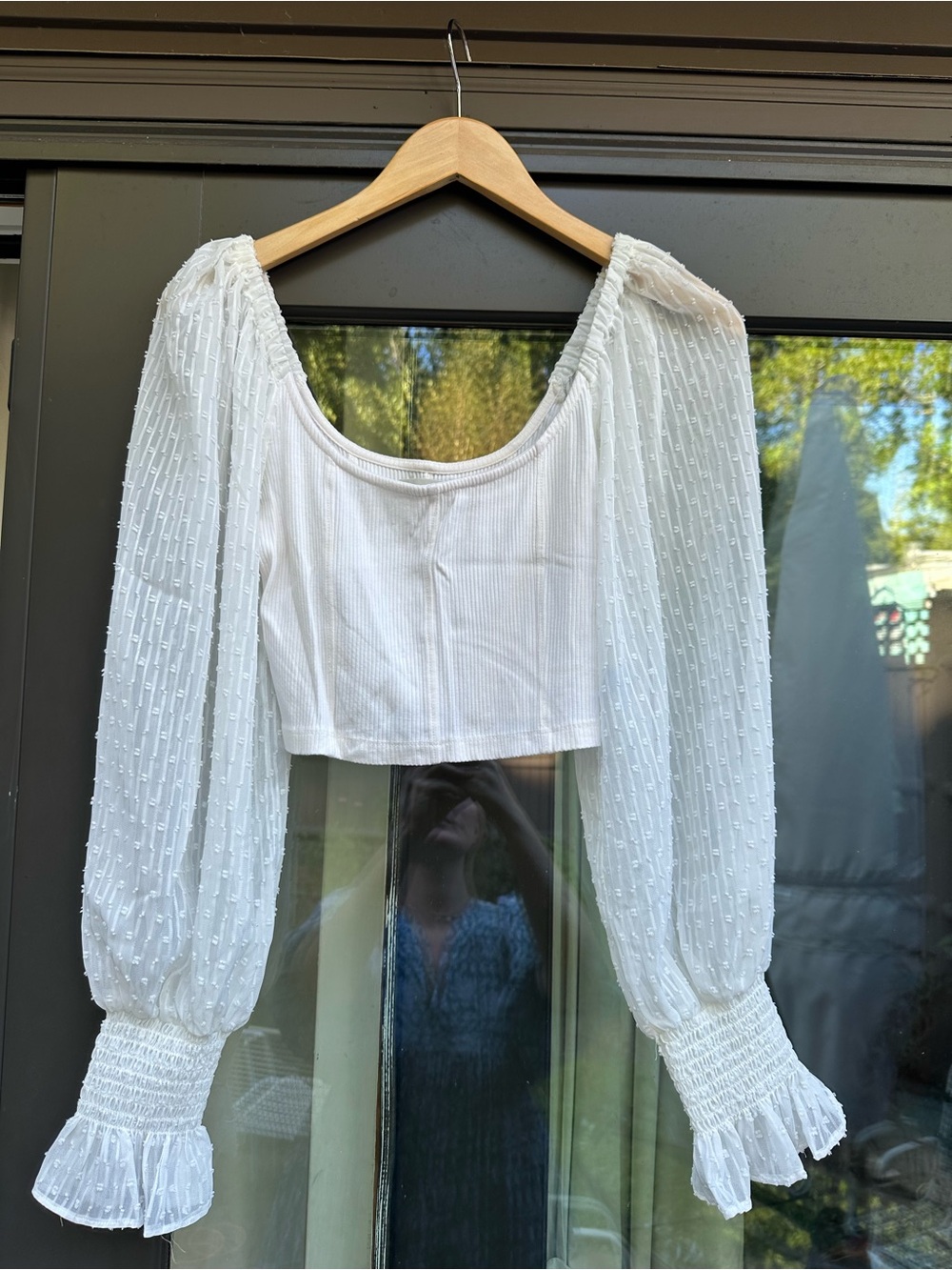 Urban Outfitters White Long Puff Sleeve Smocked Crop Top